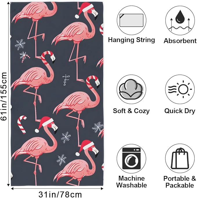 Christmas Hat Flamingo Candy Beach Towel, Large Microfiber Quick Dry Lightweight Pool Bath Towels Sand Free Beach Blanket for Summer Cruise Yoga Camping Travel Vacation Essentials 31 x 61 in