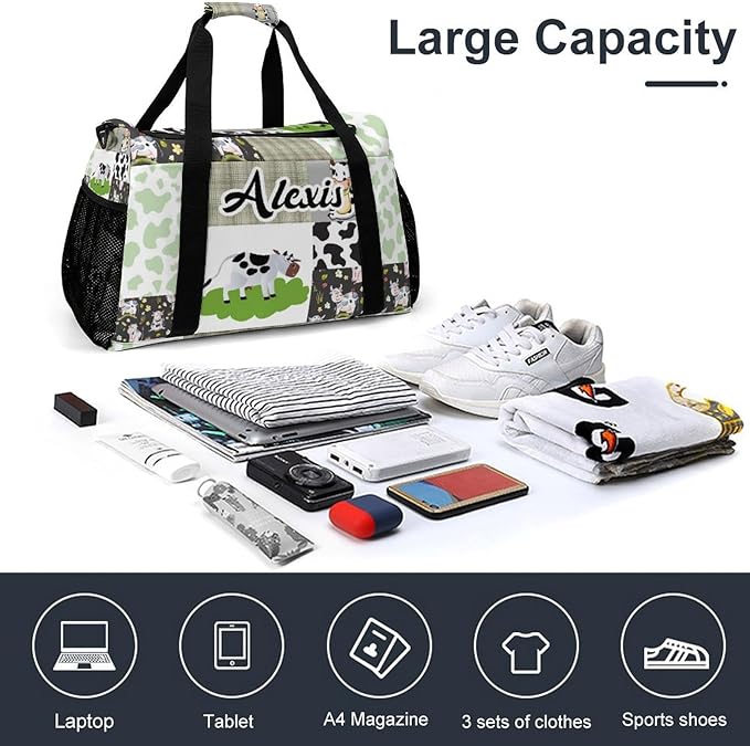 Green Lattice Patchwork Cow Print Waterproof Duffel Bag Adjustable Shoulder Strap Perform Training Travel Bag for Teens Adults Women Men Tote Bag
