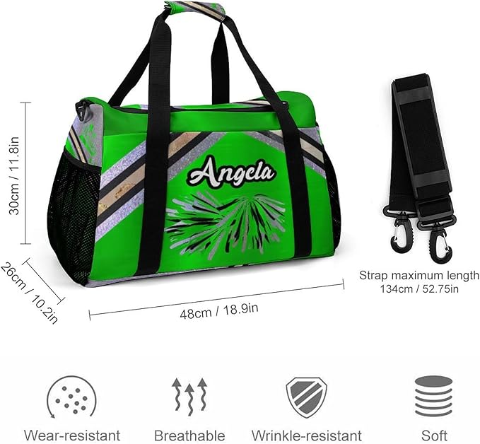 Cheerleader Green Grey Glitter Print Duffle Bag for Men Women, Personalized Custom Name Text Crossbody Bags, Travel Sport Gym Perform Training Gym Bag