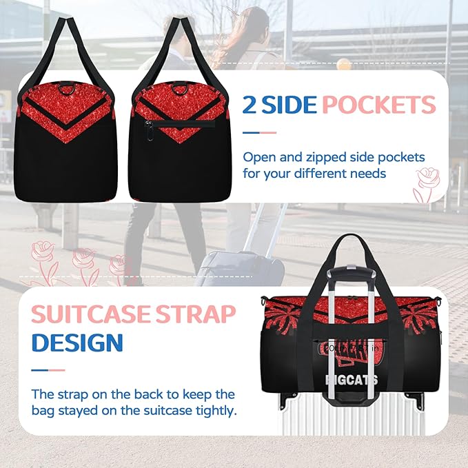 Personalized Sport Cheer Dance Bag Custom Red Glittering Cheerleader Pom Poms Duffle Gym Bag Customized Travel Overnight Tote with Name or Text