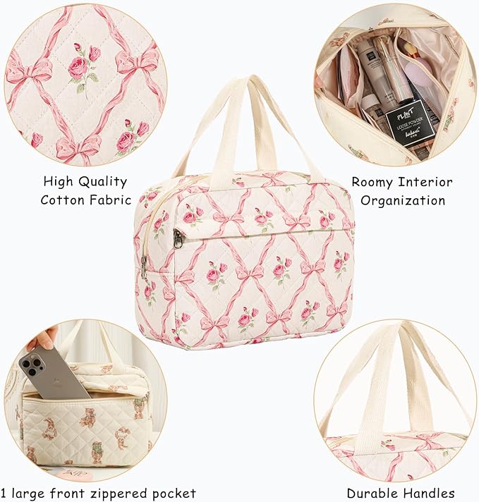 uekeboag Large Size Quilted Coquette Makeup Bag, Cute Preppy Floral Cotton Travel Cosmetic Organizer Bag with Top Handle, Multi-Layer Travel Toiletry Pouch for Girls (03Pink Bow)