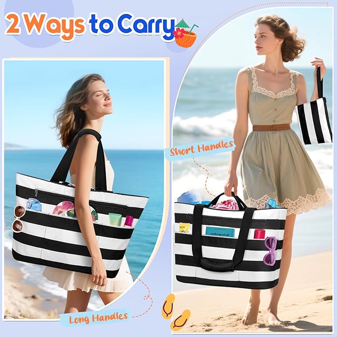 BKNOOU Extra Large Beach Bags Waterproof Sandproof XL Beach Tote Bag for Women Zipper Foldable Swim Pool Bag with Wet Pocket