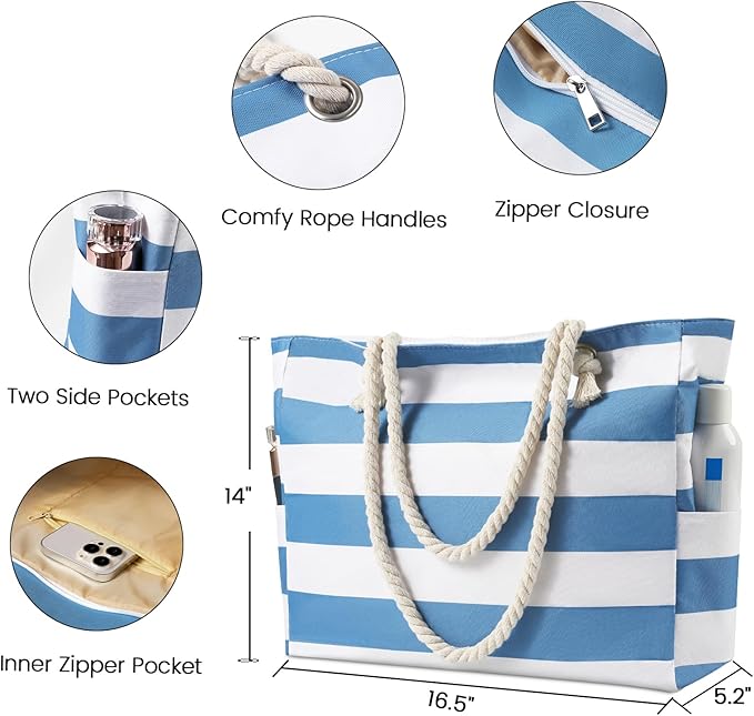 Clothirily Beach Bag for Women - Large Beach Tote Bag, Waterproof Sandproof Beach Bag with Zipper, Large Swim Pool Beach Tote