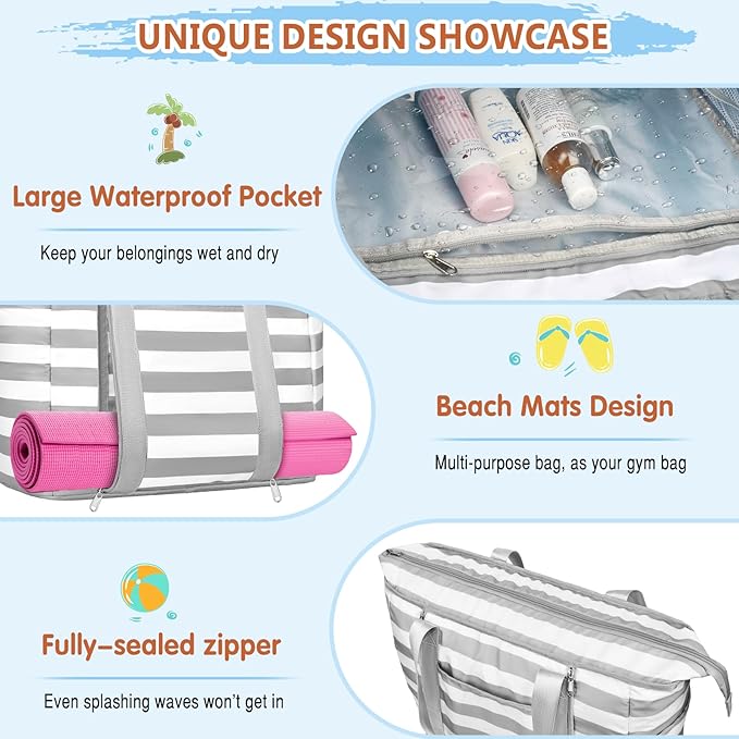 Extra Large Beach Bags for Women, Waterproof Sandproof Beach Tote Bag Foldable Swim Pool Bag with Zipper and Wet Pocket