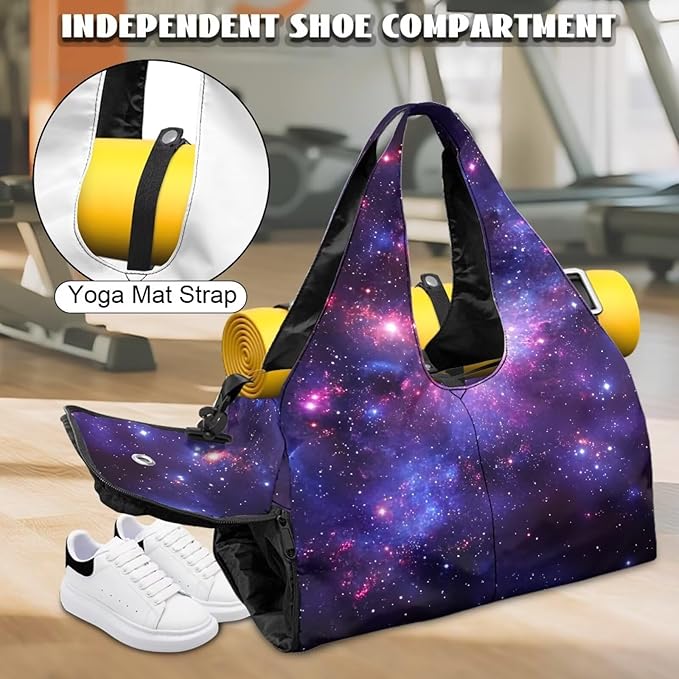 Galaxy Starry Sky Gym Bag for Women Duffle with Shoe Compartment & Yoga Mat Strap Overnight Weekender Personal Item Travel Bag Carry On Luggage for Plane Short Trips