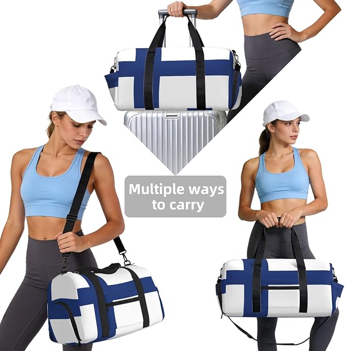 Finnish flag Print Gym Bag with Shoe Compartment for Women Men, 17.7in Sports Duffle Weekender Tote, Overnight Travel Duffel Bag Carry On