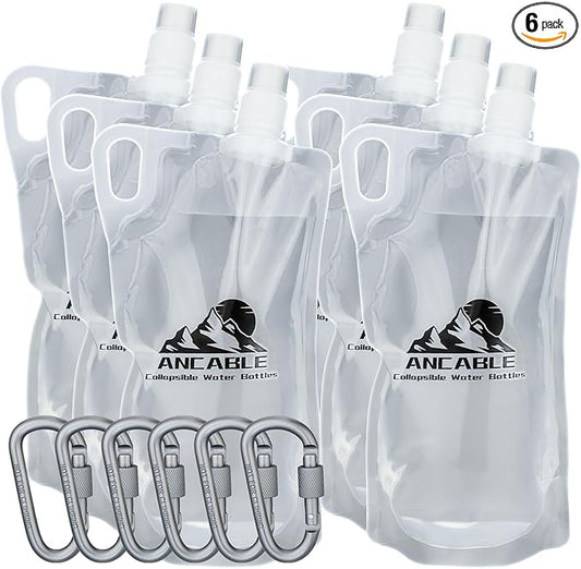 Ancable 1L Hiking Collapsible Water Bottles, 6-Pack 33OZ BPA-Free Foldable Backpacking Water Bottle for Travel Camping Hiking