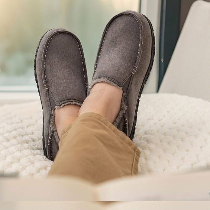 LongBay Men's Moccasin Slippers Comfy Warm Memory Foam House Shoes Winter for Indoor Outdoor