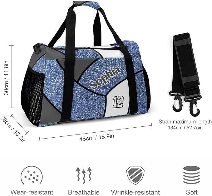 Custom Blue Volleyball Duffel Bag with Name Personalized Travel Bags Sport Gym Bag Carry On Weekender Bags for Men Women