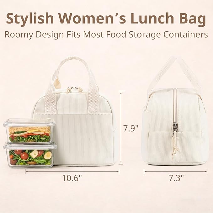 Lunch Bag for Women, Insulated Lunch Box, Reusable Water-Resistant Lunchbox Cooler with Front Pocket, Large Capacity Lunch Tote Bag for Work, Travel, Picnic