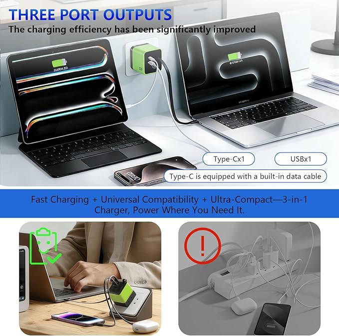 80W USB-C Retractable Fast Charger, PD Wall Charger with Built-in Retractable USB-C Cable, Portable Power Adapter for iPhone 17 Pro Max/16/15, Samsung, iPad, MacBook Air & USB-C Devices (Green, 10)
