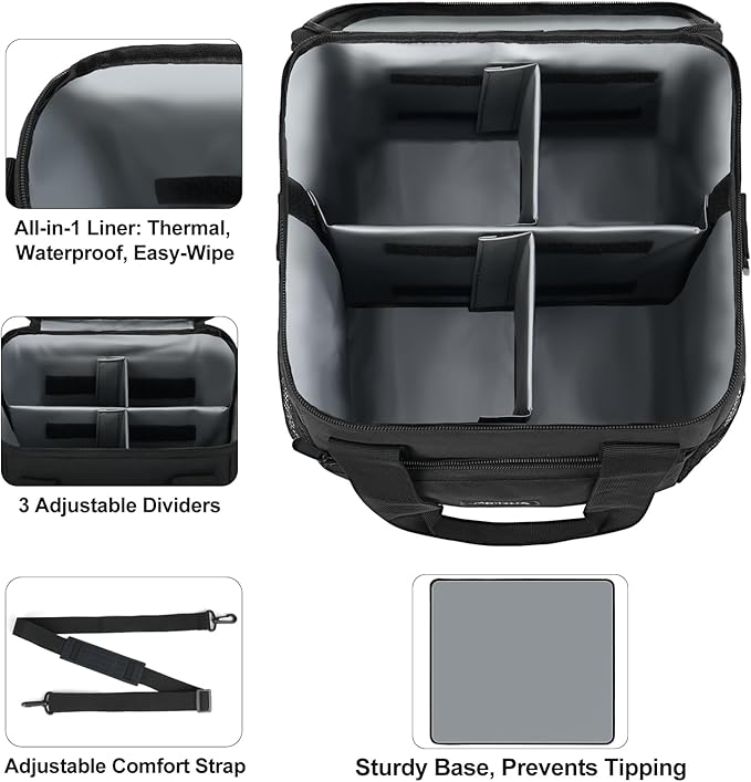 4 Cup Drink Carrier, Reusable Insulated Cup Holder Bag with Leakproof Zippered Lid & Adjustable Dividers, Portable Tote with Shoulder Strap for Delivery, Travel, Coffee