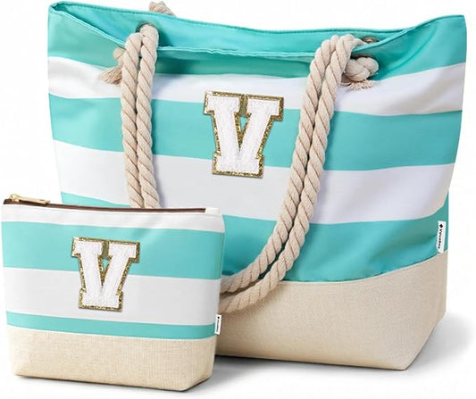 Vavabox Initial Beach Tote Bag for Women, Water-resistant Foldable Travel Beach Bag Set, Birthday Gifts for Women Mom