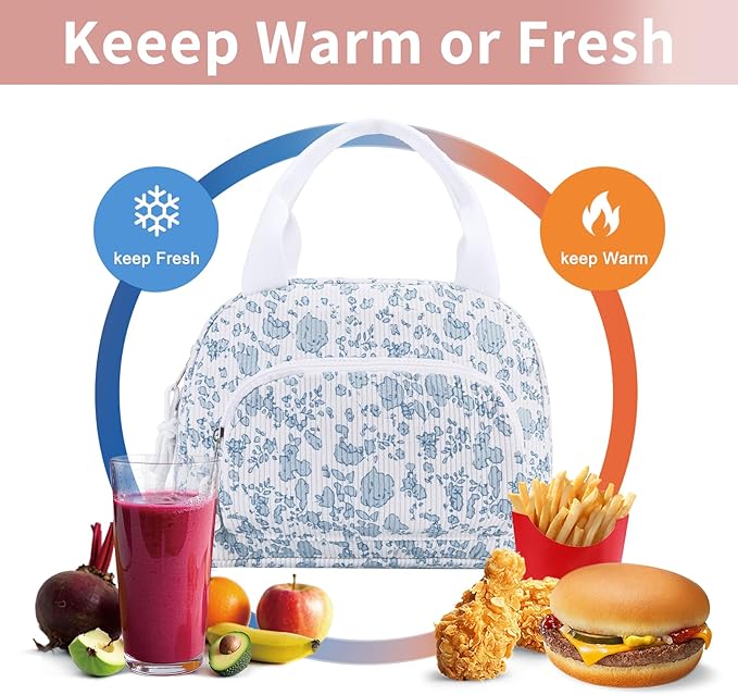 Lunch Bag Women Lunch Box for Women Adult Cute Insulated Lunch Bag Small Cooler Lunch Tote Bags for Work Picnic School (Blue-Floral)