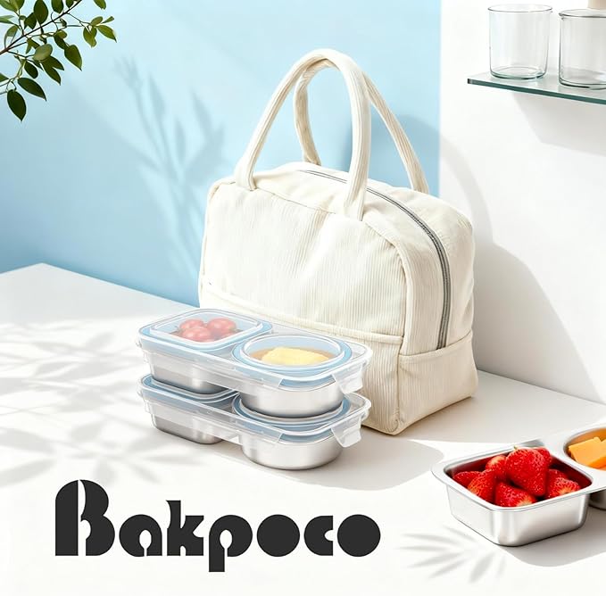 4 Pack Stainless Steel Snack Containers For Kids Adults, 2 Compartment Reusable Metal Snack Boxes With Leak-Proof Lids, Compact Lunch Food Storage Container