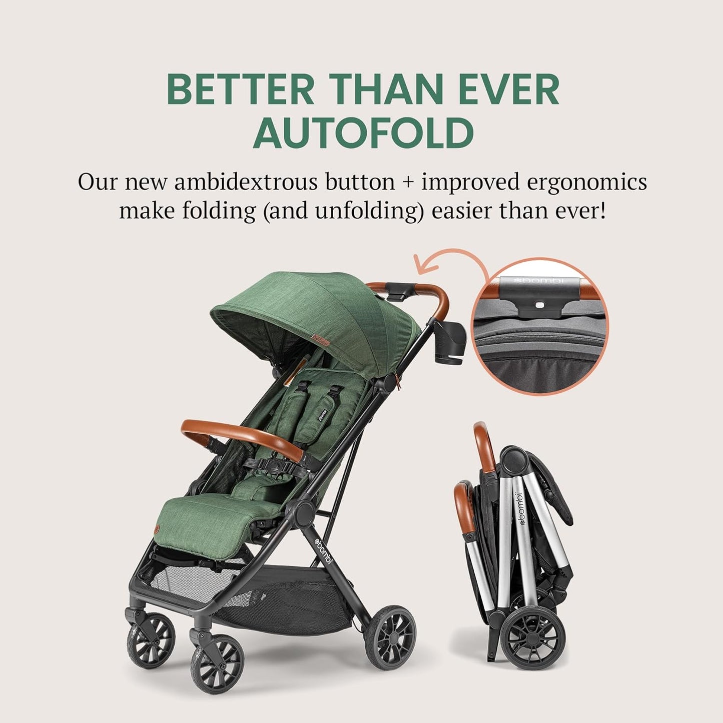 Bombi Bēbee V2 Lightweight Baby Stroller - Premium Vegan Leather, One-Hand Fold, Infinite Recline, Aircraft-Grade Aluminum Frame, XXL Canopy, and Ample Storage Umbrella Stroller - Hunter Green