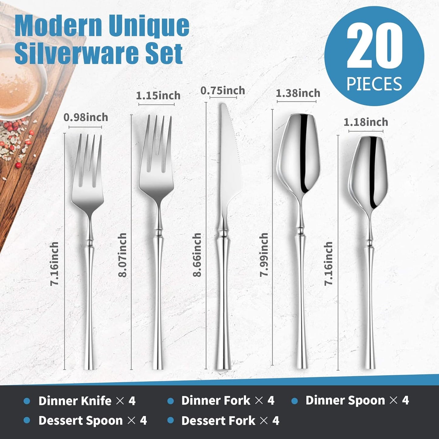 20-Piece Silverware Set for 4,Modern 18/10 Stainless Steel Flatware Set,Unique Rustic Cutlery Utensils Set,Spoon and Fork Set for Home, Restaurant,Wedding,Mirror Polished,Dishwasher Safe