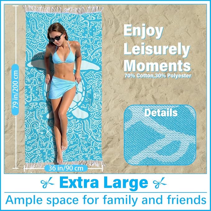 Thin Turkish Beach Towel Lightweight Soft Cotton Extra Large XL Oversized Sand Free Sandproof Absorbent Quick Dry Towels Cloud Bath Pool Travel Compact Essentials Accessories for Adult Gifts