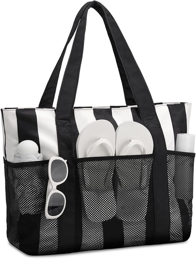 VASCHY Beach Bag for Women, Foldable Waterproof Sandproof Beach Tote with Zipper/Mesh Pockets for Vocation/Cruise/Gym/Travel