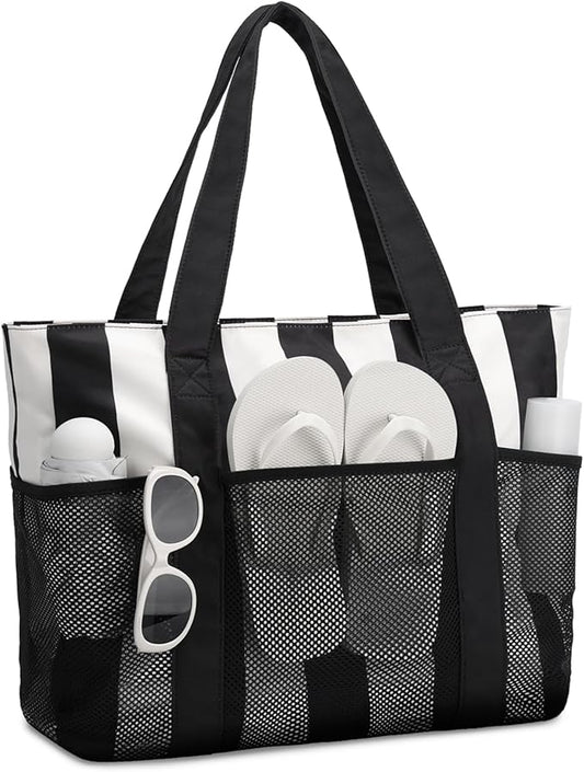 VASCHY Beach Bag for Women, Foldable Waterproof Sandproof Beach Tote with Zipper/Mesh Pockets for Vocation/Cruise/Gym/Travel