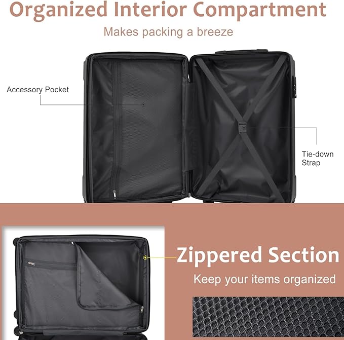 24 Inch Hardshell Luggage Lightweight Checked Luggage, Black Brown Hardside ABS Suitcases with Double Wheels and TSA Lock, Medium Expandable 24-inch Carry on Luggages for Travel, Men, Women