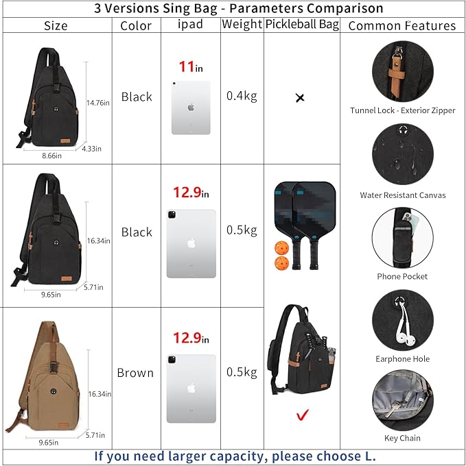Sling Bag for Men, Anti Theft Crossbody with Tunnel Lock, Waterproof Canvas Shoulder Backpack for Travel Hiking Daily