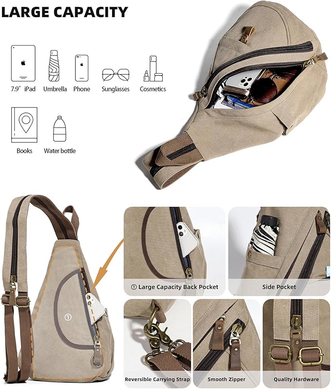 KL928 Canvas Sling Bag - Small Crossbody Backpack Shoulder Casual Daypack Rucksack for Men Women(Large Version,Khaki)