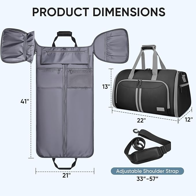 BALEINE Convertible Travel Garment Bag, Travel Suit Bag for Men, 2 in 1 Carry on Garment Bag for Hanging Clothes, Garment Duffel Bag for Travel Business (Black)