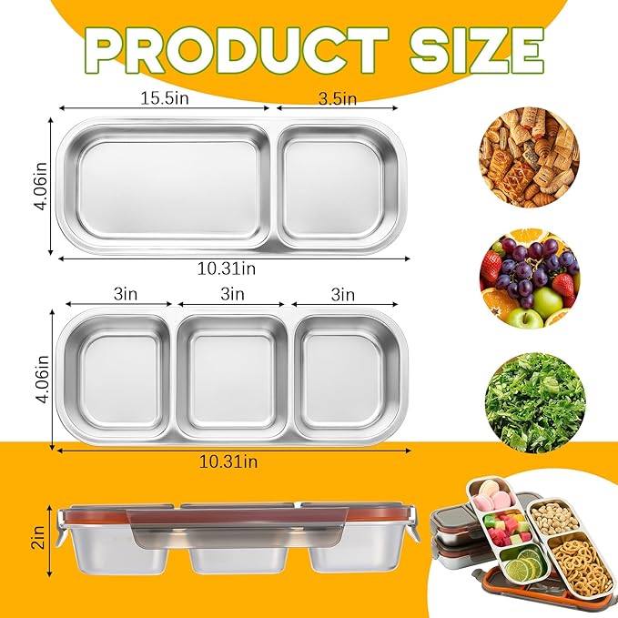 4 Pcs 304 Stainless Steel Lunch Containers Bento Boxes 38oz Salad Multipurpose with 3 and 2 Compartments Winter Party Reusable Large Box with Lids Divided Containers for Snack Dip Sandwich (Black)