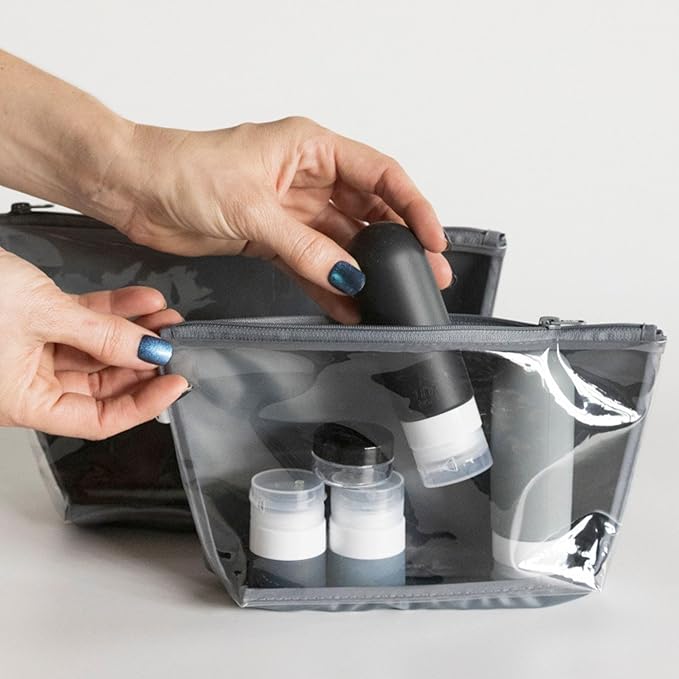 Tiny Twinkle Diaper Bag Organizing Pouches | 2 Pack Mess-Proof Travel Organizer Bags with Structured Bottom & Clear Front | TSA Approved Toiletry Bag Set for Baby and Mom Essentials (Charcoal)