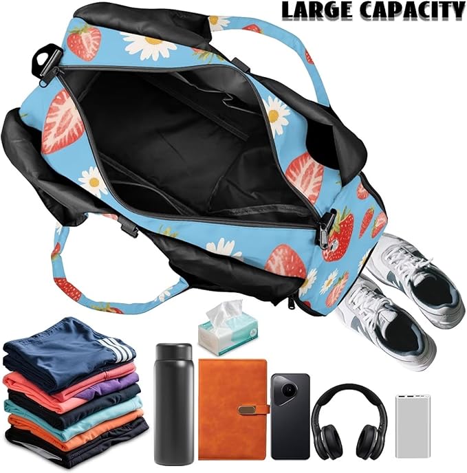 Daisy Duffel Bag for Travel with Shoe Compartment Blue Workout Bag with Yoga Mat Holder for Women, Waterproof Strawberry Print Gym Duffel Adjustable Shoulder Strap
