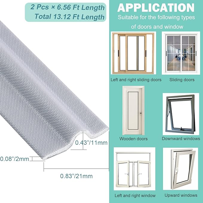 2 Pcs Draft Stopper Sweep, MOPMS Door Weatherproofing Stripping, Window Seal Strip Self-Adhesive Soundproof Seal Strip Cuttable Window Weather Stripping, Length 13.12Ft (2 Pcs x 6.56Ft)