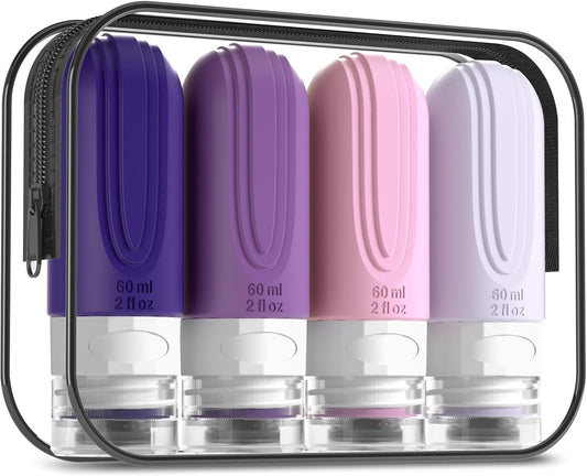 Travel Bottles for Toiletries, Tsa Approved 2oz Travel size Bottles, BPA Free Leak Proof Travels Toiletry Containers, Traveler Accessories with Toiletry Bag for Shampoo Liquid (4 Pack)