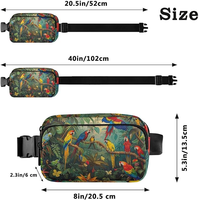 Tropical Forest Parrot Fanny Pack for Women Men Water Resistant Fashion Waist Packs with Adjustable Strap Belt Bag for Travel Workout Jogging Hiking 21220473