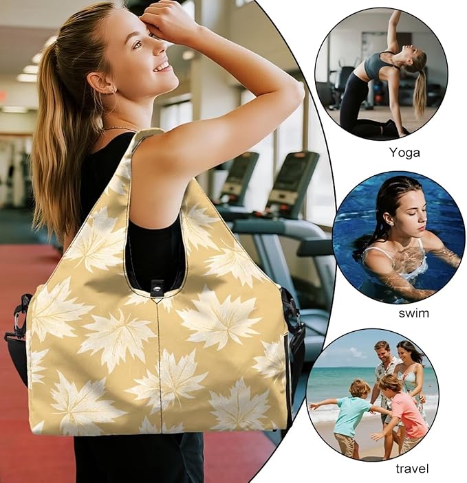 Yellow Gym Bag with Yoga Mat Strap and Shoe Compartment, Portable Lightweight Maple Leaf Gym Bag with Wet Pocket Water Resistant Gym Duffel for Swimming