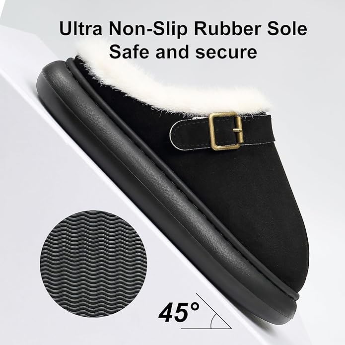 Close Toe Slip On Cotton Slippers with Breathable Faux Fur Memory Foam House Slippers for Women Warm Fuzzy Indoor Slippers with Non-Slip Rubber Sole