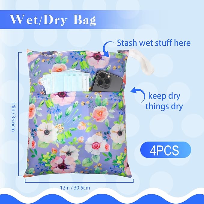 Frienda 4 Pieces Wet Dry Bag for Baby Waterproof Reusable Washable Diaper Bag Sealed with Handle for Travel, Beach, Swimsuit, Diapers, Dirty Gym Clothes and Toiletries (Flower)