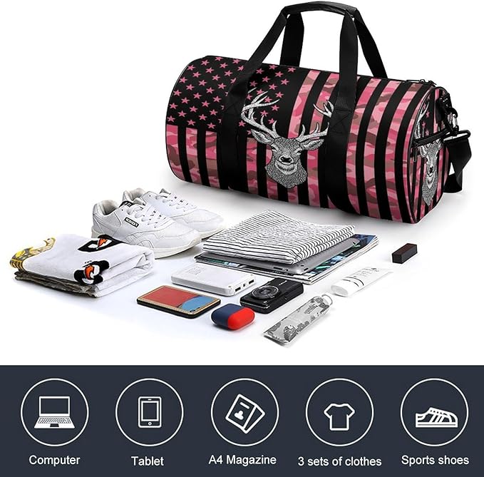 Weekender Carry on Beach Yoga Overnight Luggage Bag Pink Camouflage American Flag Hunting Camo Deer Gym Sports Duffle Bag Dance Gymnastics Bags