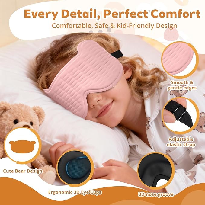 3D Kids Sleep Mask – Cute Bear Eye Mask for Sleeping, Comfortable Memory Foam Sleep Mask for Kids, Adjustable Strap and Lightweight Sleeping Mask for Boys Girls Teens Ages 5-15 (Pink)