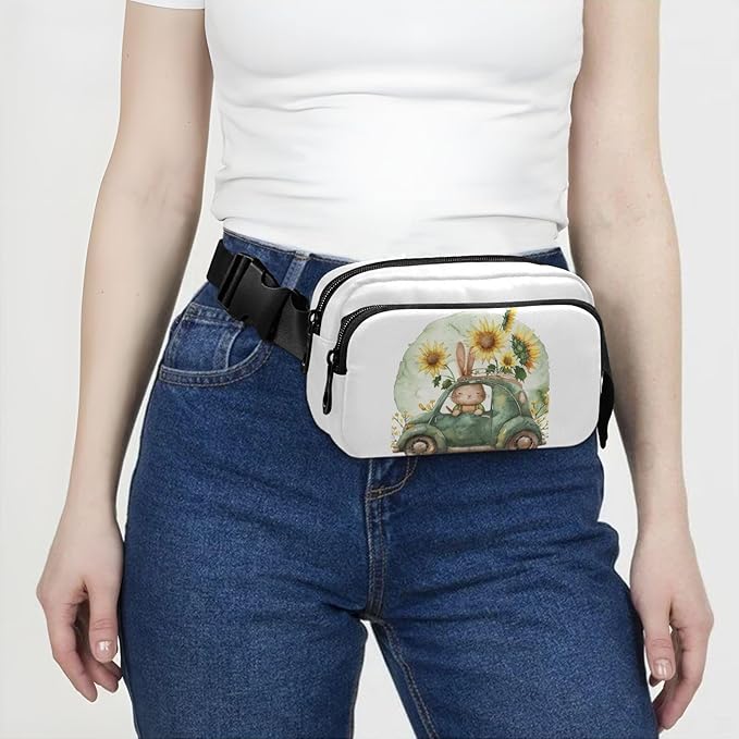 Bunny Driving A Car with Sunflowers Fanny Pack for Women Men Water Resistant Fashion Waist Packs with Adjustable Strap Belt Bag for Travel Workout Jogging Hiking 21218886