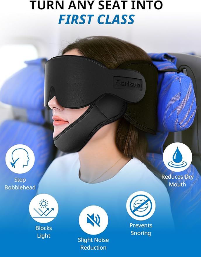 Travel Pillows for Airplanes with Sleep Eye Mask, Chin Strap, Airplane Pillow for Long Flights, Car Road Trip, 360° Support Headrest, Travel Essentials Stop Bobblehead, Mottled Blue