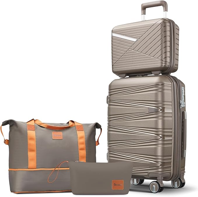 4 Piece Carry On Luggage Set 20 Inch, Expandable PP Hardshell Suitcase with Detachable Spinner Wheels & TSA Lock, Includes Cosmetic Case, Travel Tote & Toiletry Bag, Lightweight (Champagne)