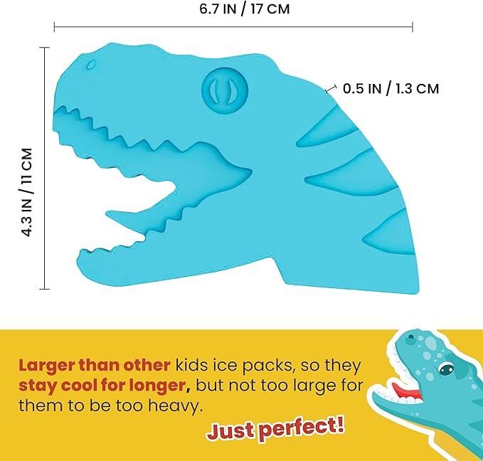 Healthy Packers® Slim Reusable Ice Packs for Lunch Boxes Kids and Adults | Long‑Lasting Thin Freezer Packs for Coolers, Bento Boxes, Lunch Bags, Travel, School Meals, and Meal Prep (3-Pack | Dinosaur)