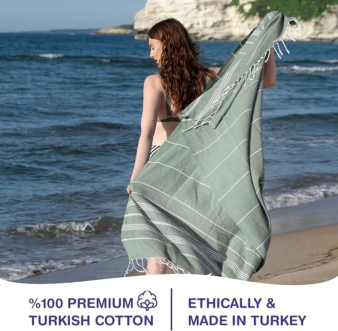 Turkish Beach Towels, Bulk Case of 36 | Oversized, Quick Dry, Sand Free | 100% Cotton, Large 38x71 Towels for Beach, Pool, Travel | Ultra-Soft, Compact, Absorbent | Light Green