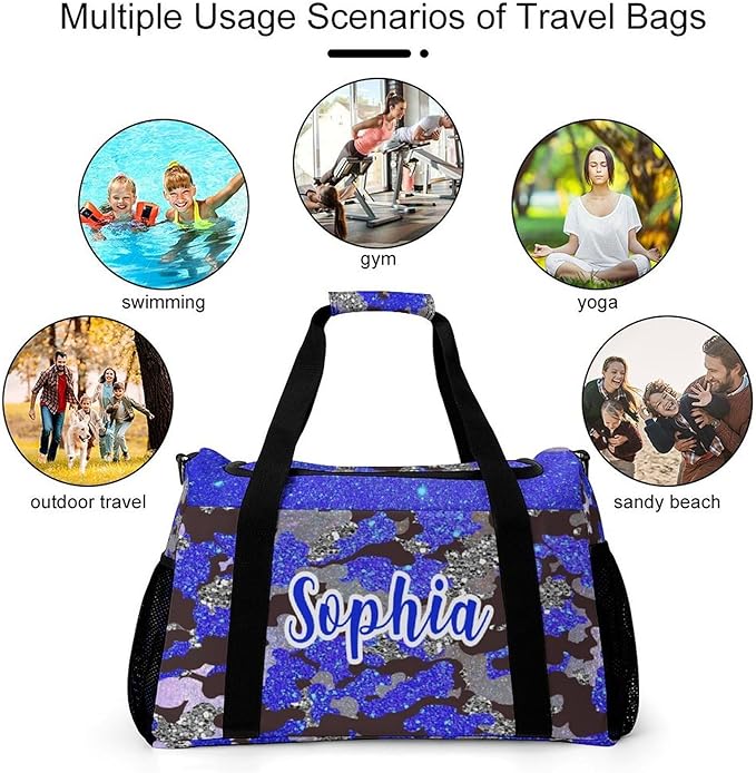Personalized Sports Bag Name Duffel Bags with Adjustable Shoulder Strap Blue Navy Camouflage Bling Print Travel Bags Perform Training Weekender Bag