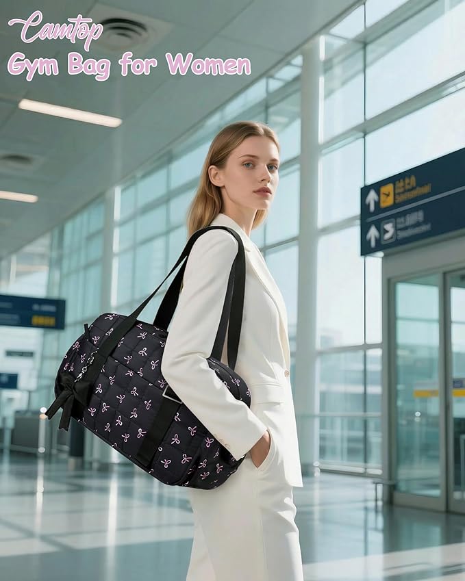 CAMTOP Mini Gym Bag for Women, Small Gym Tote Bag Puffy Quilted Sports Duffel Bag with Wet Compartment and Coin Purse Duffel Bags Dance Yoga Workout Bag for Gifts (Black Bow, Medium-16")