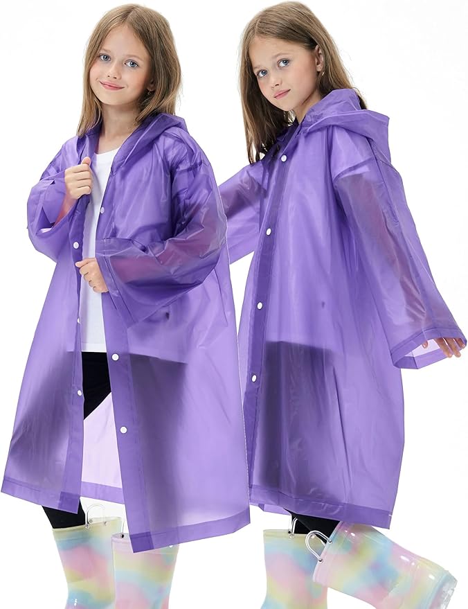 2 Pack Reusable Waterproof Raincoat EVA Emergency Rain Ponchos One Size Rain Jacket for Children, Boys and Girls