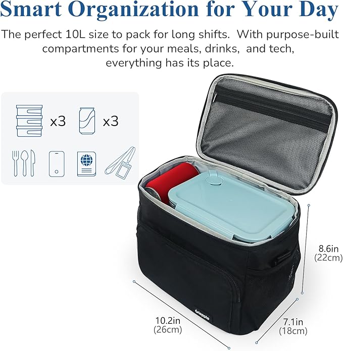 Gloppie Flight Crew Lunch Bag with Luggage Trolley Sleeve - Professional Insulated Cooler Bag for Flight Attendants & Pilots, Leakproof Lunch Box with Reinforced Structure for Travel & Work, Black