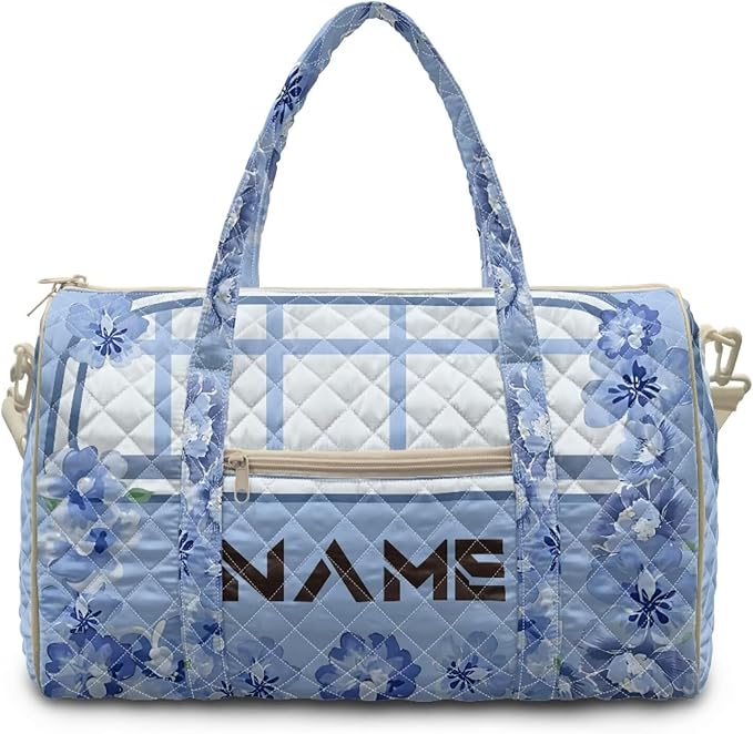 COEQINE Quilted Tote Bag Large Car Travel Suitcase Duffle Bag for Women Large Packable Carry on Weekender Duffel with Trolley Sleeve，Blue Floral