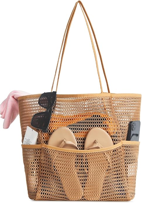 Iioscre Beach Bag for Women, Causal Hobo Pool Bags with Zipper Inner Pocket, Foldable Swim Tote Bag for Vacation Essentials